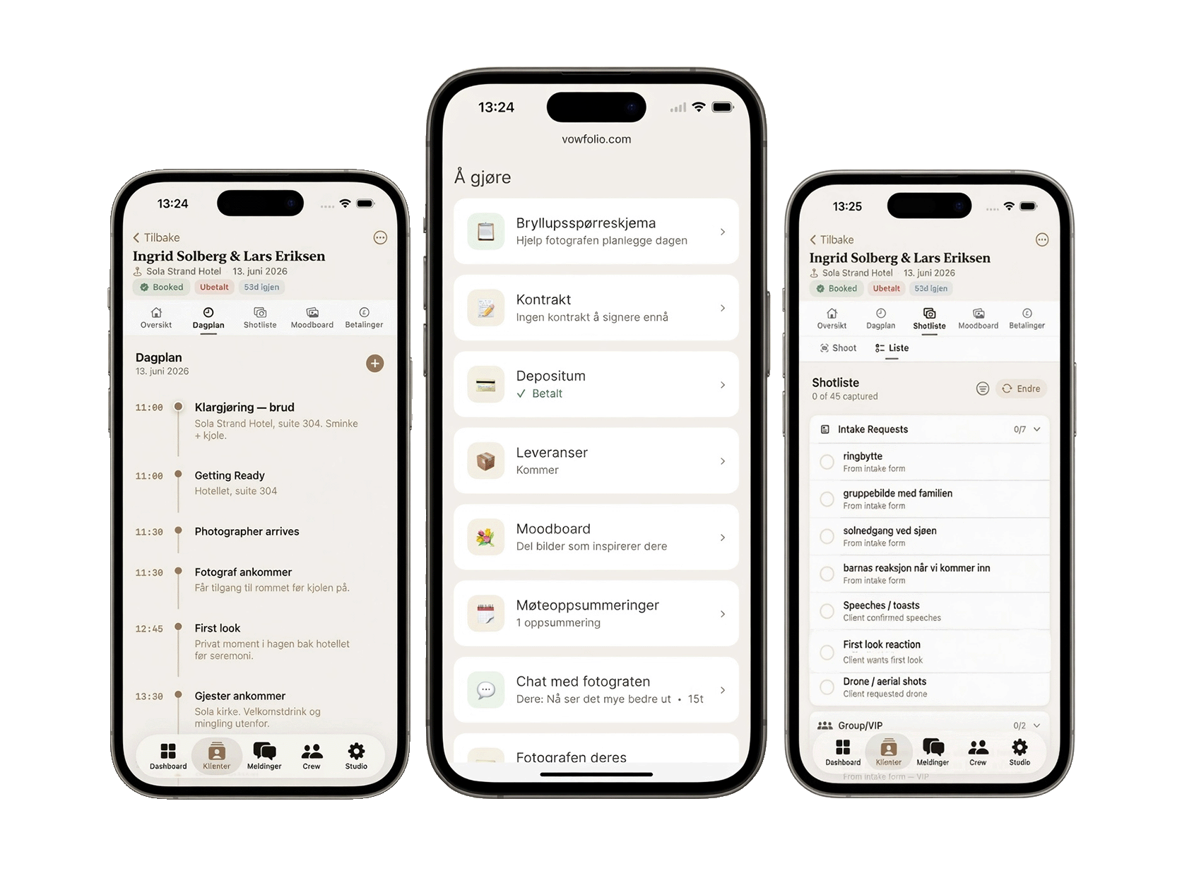 VowFolio day plan, client portal and shotlist on iPhone